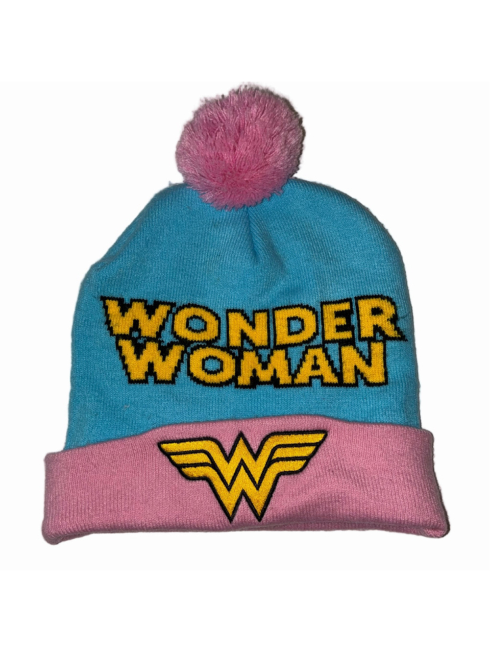 Women's Wonder Woman Pom Pom Beanie Hat One Size Blue Pink